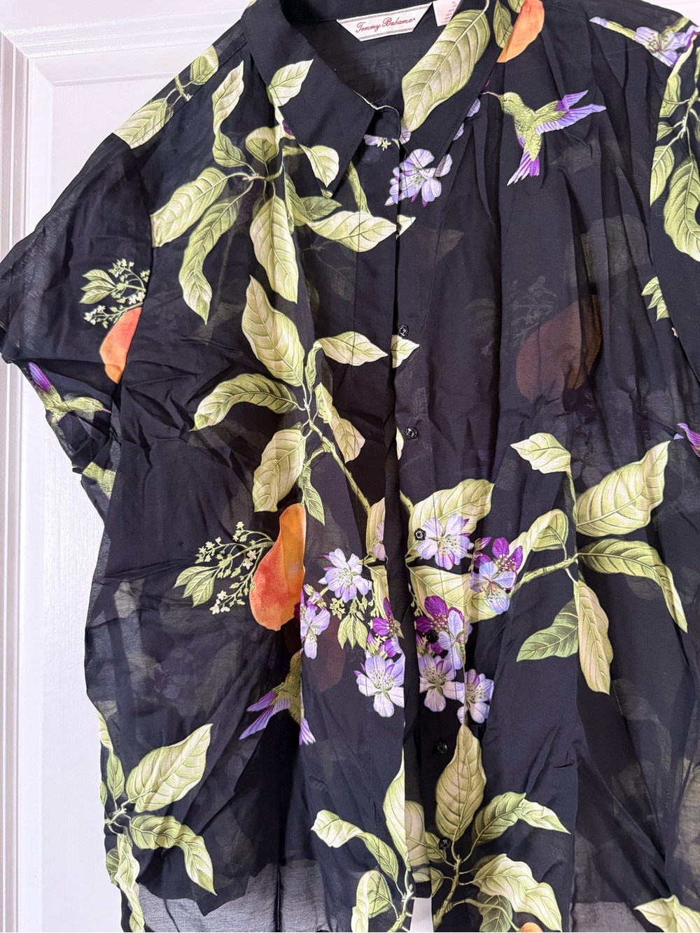 Tommy Bahama Black Sheer Botanical Button-Up Blouse - Black/Green/Purple